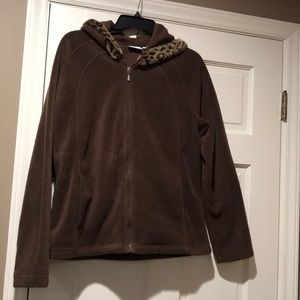 Brown jacket with faux fur trim hood.